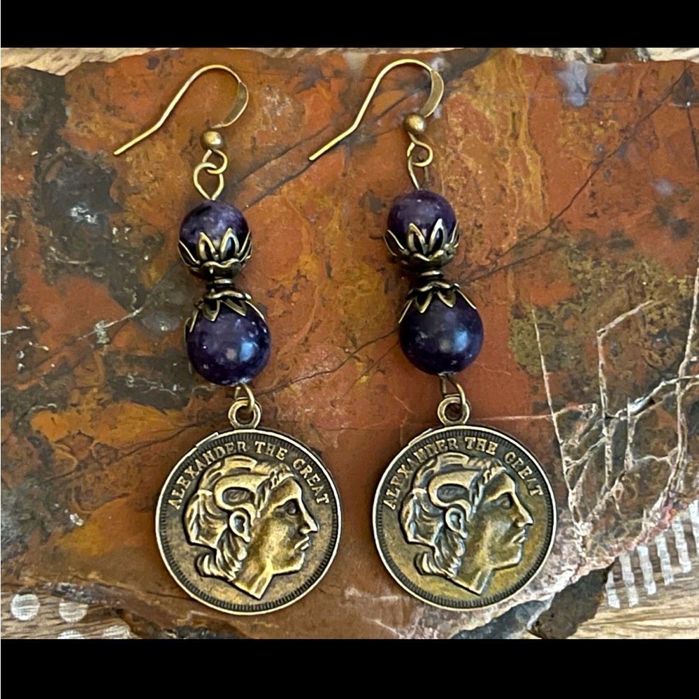 New Pretty Purple Lepidolite Bronze Ancient Greece Coin Earrings